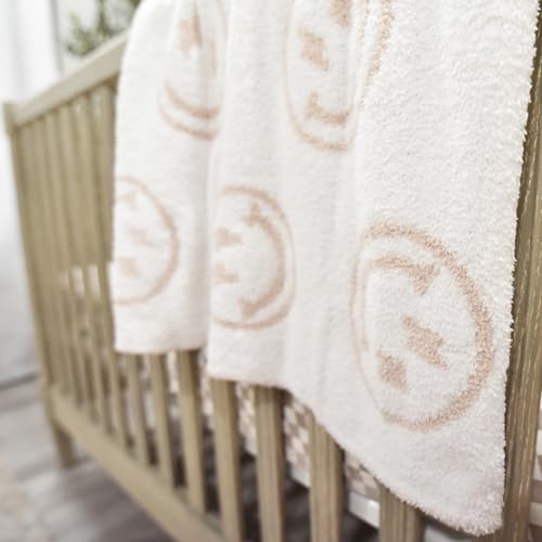 Image of L+L USA Smiley Face with Lightning Bolt Eyes Baby Blanket 28 inchx40 inch - DreamSoft Throw for Crib, Stroller or Car Seat Blanket /Newborn Nursery Gift for Toddler, Infant, Kids, Boys & Girls (Tan /White)