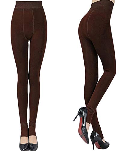 Women Winter Thick Warm Fleece Lined Thermal Stretchy Leggings Pants Full Length Stockings (Coffee)