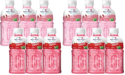 Image of Mogu Mogu Lychee & Strawberry Juice Drink with Nata de Coco Jelly 320ml (Pack of 12)| Refreshing Tropical Thai-Made Sip & Chew Beverage