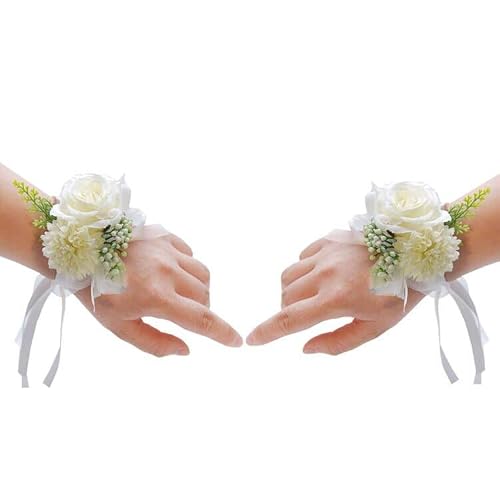 Goesup 2 Pack Wedding Wrist Flower Floral Wrist Rose Leaf Corsage Hand Flowers For Wedding Engagement Bride Bridesmaid (White) #TOP3