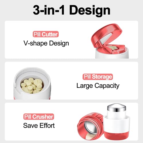 Image of DUBSTAR 3-in-1 Pill Crusher Pill Grinder, Pill Crusher Fine Powder with Brush, Pill Crushers for Elderly with Pill Cutter and Storage, Pill Cutter Splitter for Small or Large Pills (Red)