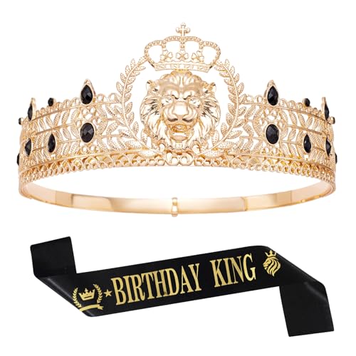 JITINX King Crown and Birthday Sash, King Crown for Men,Gold Men's Tiara Prince Diadem,Royal Medieval Cosplay Birthday Prom Halloween Hair Accessories (Gold Black Crown)