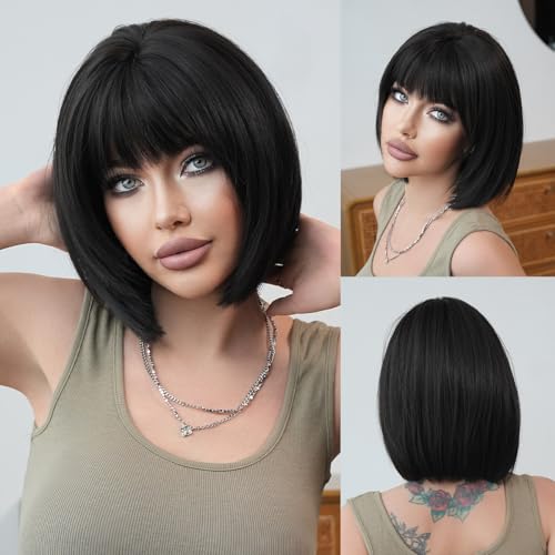 Black Short Straight Synthetic Fiber Wig for Women, 13Inch Bob