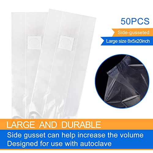 zwxt 50Pcs Mushroom Growing Bag 6 Mil Thick Mushroom Spawn Bags Autoclavable Bags 8"x5"x20" Mushroom Grow Kit 0.2 Micron Filter Mycobag Grow Kit Tear Resistant Strong