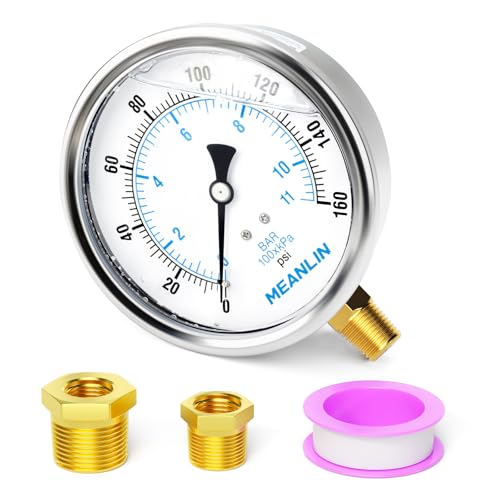 MEANLIN MEASURE 0~160Psi Stainless Steel 1/4" NPT 4" FACE DIAL Liquid Filled Pressure Gauge WOG Water Oil Air Lower Mount, with 1/2" NPT and 3/8" NPT Hex Bushing