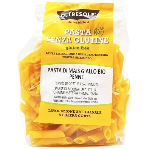 Oltresole - Pasta de maíz amarilla orgánica italiana, sin gluten, formato Penne 350 g - Pasta con harina 100% de maíz de agricultura italiana BIO sin gluten, producto artesanal