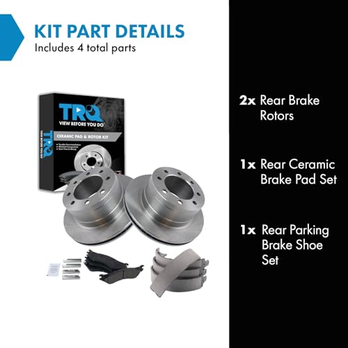 Image of TRQ Rear Brake Pad & Rotor Kit Parking Brake Shoe Set Ceramic Compatible with 2007-2008 Dodge Ram 1500 2006-2008 Ram 2500, 3500