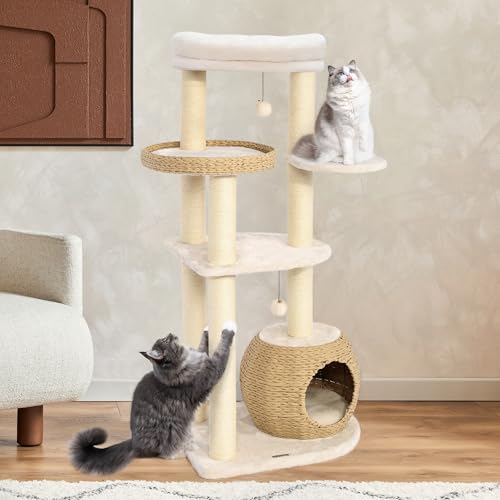 Image of KAMABOKO Modern Cat Tree, 53 inch Tall Cat Trees for Indoor Cats, Cat Condo Natural Sisal with Scratching Posts, Hand-Woven Tower & Top Perch, Cat-Tree for Kittens Climb Play & Rest