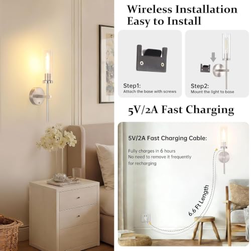 Image of Shenmoyl Battery Operated Wall Sconces Set of 2, Nickel Rechargeable Wall Lighting Fixtures, Dimmable Wall Lights with Remote & Clear Glass Shade for Living Room, Bathroom,Bedroom