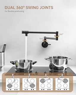 Fransiton Matte Black Pot Filler, Pot Filler Faucet Wall Mount, Brass Folding Stretchable with Double Joint Swing Arm Single Hole Two Handles Kitchen Restaurant