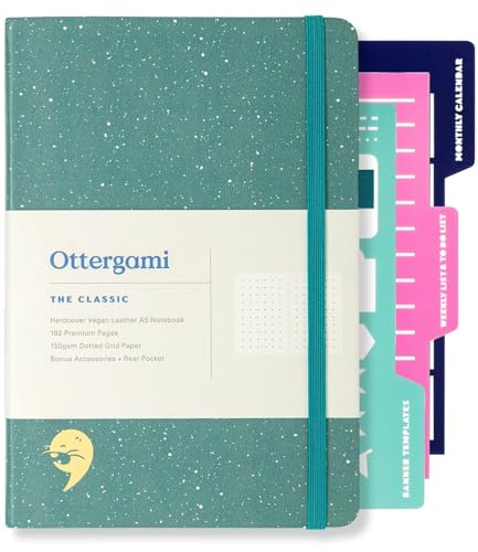 Ottergami Bullet-Notizbuch-Set mit Punktmuster | Hardcover, 150 g/m², Notizbuch | A5 | Notizbuch-Set mit Punktmuster, inklusive Schablonen, Tasche für die Rückseite und Stifthalter | Der Klassiker