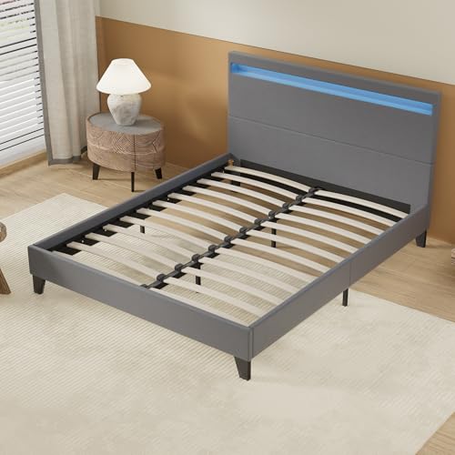 NOVEMBER- Lit avec sommier & Tête de lit LED - 160 x 200cm - Revêtement synthétique Gris -...