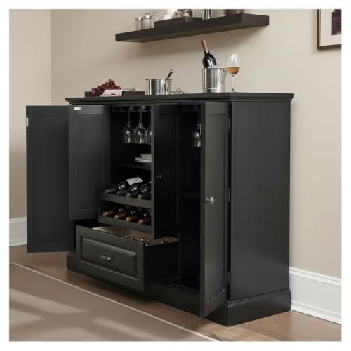 Image of APRODZ Solid Mango Wood Bar Cabinet for Home and Bar | Stylish Wooden Wine Storage Rack with Drawer, Glass Holder & Bottle Organizer Drink Wine Rack Organizer for Living Room,Black Finish