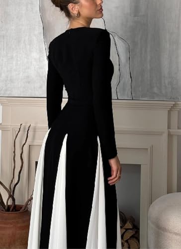 Women's Black and White Round Neck Long Sleeve Maxi Dress 2025 Winter Elegant Formal Evening Gown Daily Dress4