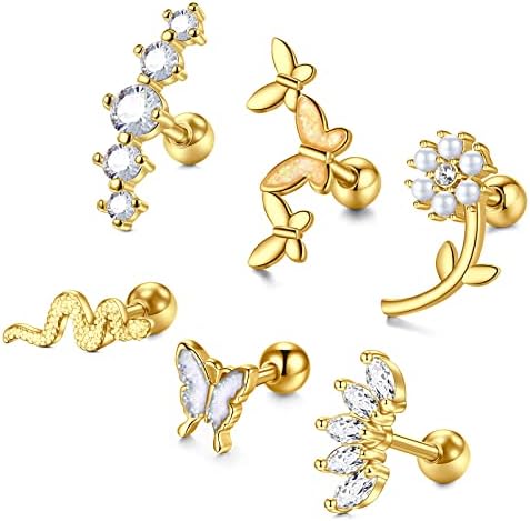 Longita Tragus Earrings Stud Stainless Steel 16G Butterfly Snake Helix Piercing Jewellery for Women Conch Earring Bar 6MM