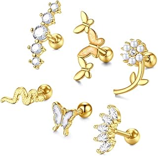Longita Tragus Earrings Stud Stainless Steel 16G Butterfly Snake Helix Piercing Jewellery for Women Conch Earring Bar 6MM