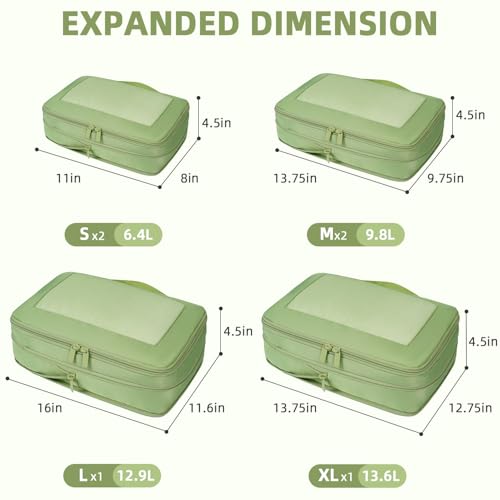 Image of BAGAIL 4 Set /6 Set /8 Set Compression Packing Cubes Travel Accessories Expandable Packing Organizers (Square Mesh, 06-Matcha Green)