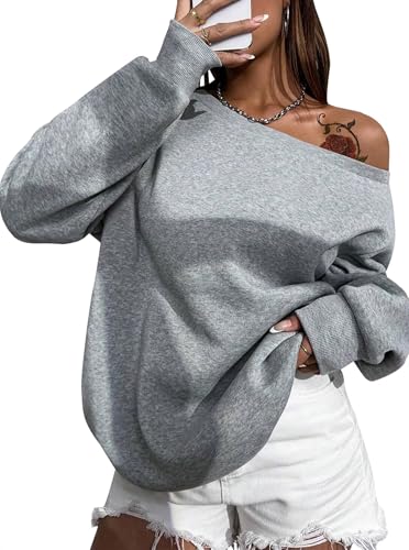 Remidoo Womens Off Shoulder Sweatshirt Drop Shoulder Oversized Long Sleeve Pullover Top Grey X-Large