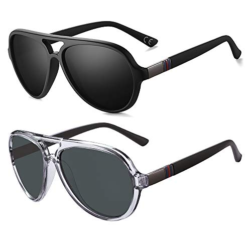 2020 VentiVenti 2 Pack Aviator Sunglasses For Men Polarized Lens Plastic Lightweight Double Bridge Frame UV Protection For Driving Matte Black Frame/Smoke Lens+Transparent Grey Frame/Smoke Lens