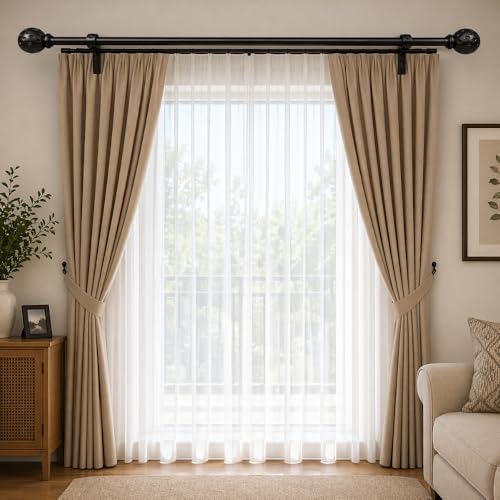Image of 84 inch-144 inch Adjustable Double Curtain Rod For Door & Windows With Brackets Set Curtains Hanging Extendable Iron Metal Pipe Holder With Perforated Black Metal Finial (Black, 0.75 inch Diameter)