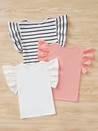 OYOANGLE Girl's 3Pcs Knitted Short Sleeve Solid Crop Top Crew Neck Ruffle Lettuce Trim Crop Tee Top Print Girl Clothes2