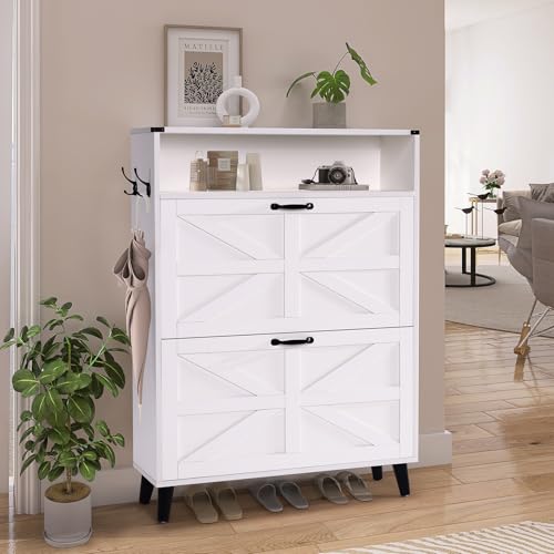 Homdox-Shoe-Cabinet-with-2-Flip-Drawers-Hidden-Slim-Shoe-Storage-Cabinet-with-Open-Storage-Freestanding-Farmhouse-Narrow-Shoe-Organizer-Cabinet-for-Entryway-Foyer-Hallway-White Homdox Shoe Cabinet with 2 Flip Drawers Hidden Slim Shoe Storage Cabinet with Open Storage Freestanding Farmhouse Narrow Shoe Organizer Cabinet for Entryway Foyer Hallway White