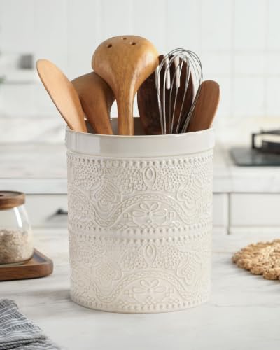 Image of FUN ELEMENTS Kitchen Utensil Holder, 7.2 inch Super Large Utensil Crock Heavy and Stable Lace Emboss Ceramic Utensil Holder for Kitchen Counter (Lace Emboss)