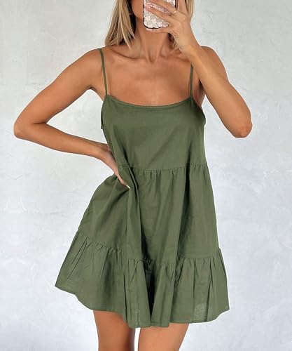 Image of Babydoll Dress for Women Spaghetti Strap Swing Dresses Sleeveless Short Flowy Dress Summer Loose Sundress