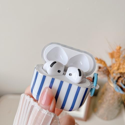 Image of MINSCOSE for AirPods 4 Clear Case,Cute Striped Aesthetic Pattern Design with Trendy Keychain Ring,Soft TPU Protective Shockproof Cover with Cleaner Kit for Girls Women for Airpods 4-Dark Blue
