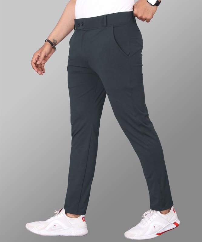 Image of MiraMichi Men's Slim Fit Stretchable Casual Mid Rise Trousers | Stylish Lycra Blend Pants for Office, Party