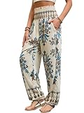 QIANXIZHAN Women's Harem Pants, Hippie Boho Pants High Waist Flowy Yoga Pants with Pockets Blue Brown Bloom L