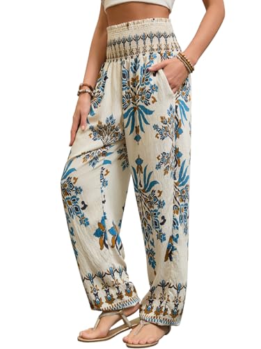 QIANXIZHAN Women's Harem Pants Blue Brown Bloom M