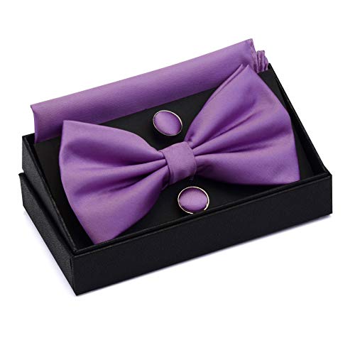 Image of GUSLESON Men's 3-pc Solid Color Bow Tie Gift Set - Double‑Fold Pre-Tied Bow Tie, Pocket Square, Cufflinks - Wedding Formal Party