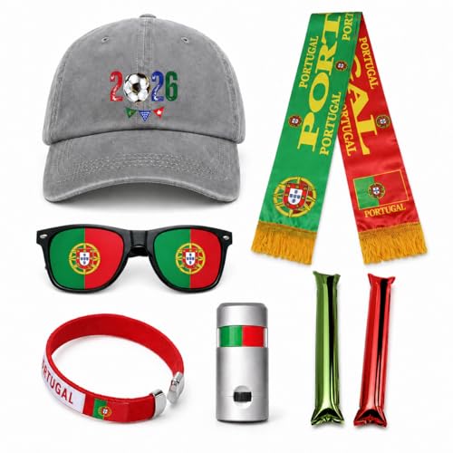 Portugal Soccer Fan Gear Set, 7 Pcs 2026 Game Day Accessories with Hat, Scarf, Flag Sunglasses, Wristband, Flag Face Paint & Cheer Sticks, Soccer Party Supplies for Watch Parties
