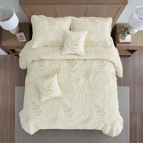 Image of Bedspread oversized Full 96x110,Beautiful Leaf Stitching,5 PC,Ivory