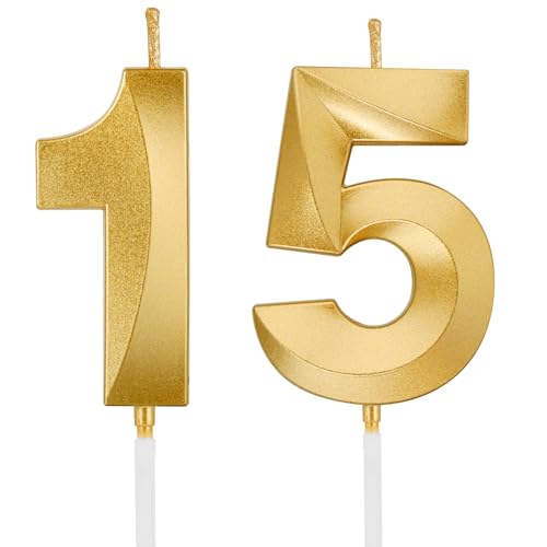 Birthday Candles 1.96 Inch Number 15 Happy Birthday Candles Number Candles Decoration for Birthday Party and Anniversary Celebration(Champagne Gold)