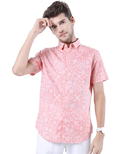 Image of KETCH Mens Half Sleeve Slim Fit Shirt Coral /White