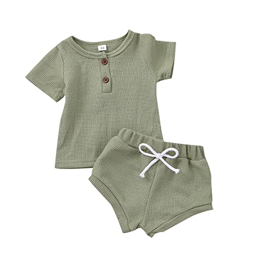 Image of Baby Girl Boy Summmer Outfits Waffle Short Sleeve T-Shirt Top + Short Pants Unisex Summer Clothes Sets 2Pcs