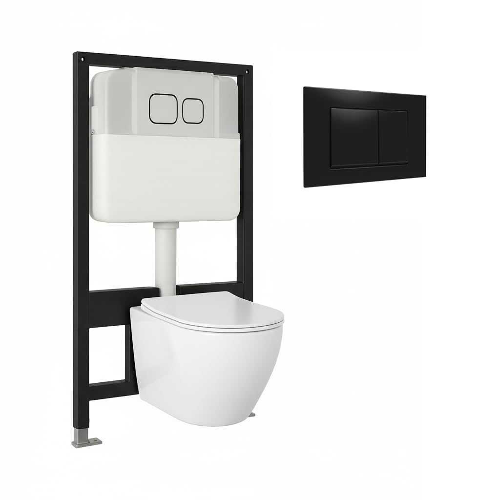 BAIKAL Inodoro Suspendido + Bastidor. WC en Blanco Brillo. Cisterna empotrada con Pulsador Negro. Bastidor independiente. Sanitario con Cierre Amortiguado y Sistema Rimless.