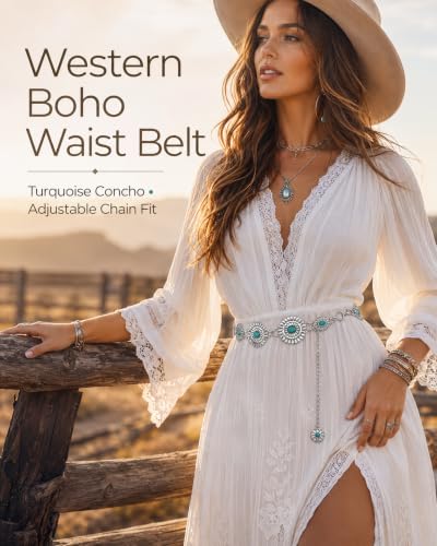 Image of FIORETTO Western Waist Chain Belt Metal Concho Belt for Women Cowgirl Cowboy Boho Country Belt for Dress Jean