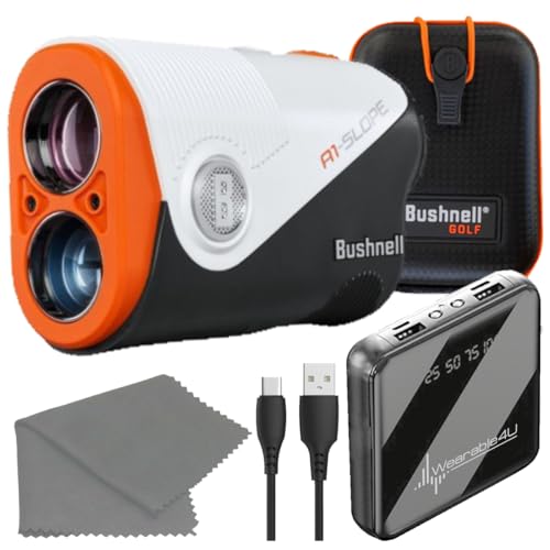 Bushnell A1-Slope Ultra-Compact Golf Laser Rangefinder (Orange) with Slope Technology 6X Magnification Magnetic Mount Precision Up to 1 300 Yards with Wearable4U PowerBank Bundle