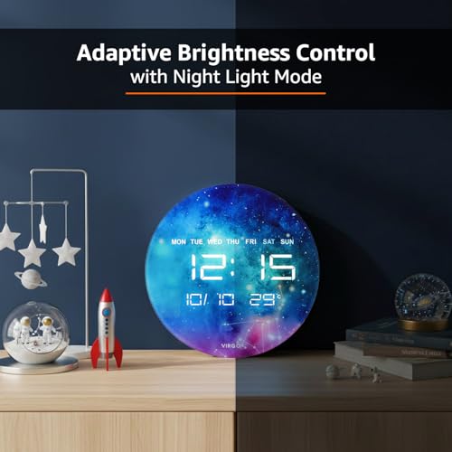Image of Amazon Basics LED Digital Wall & Table Clock with 12 /24Hr Display, Auto Brightness, Blue Color, Temperature, USB Power, Auto Dimming, Backlight & Night Light - 32x32x3.2cm