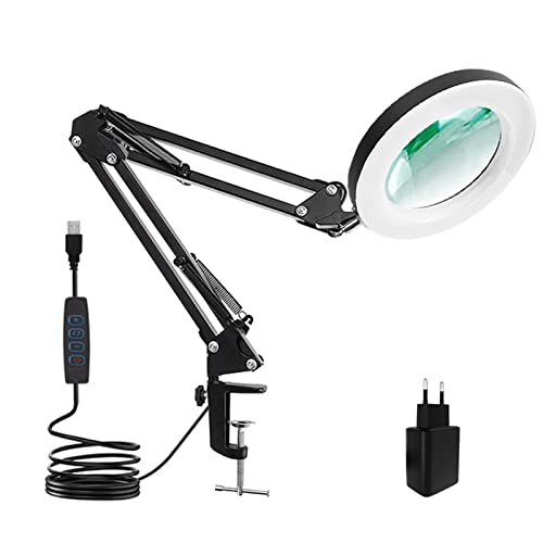 Umisu Lampe Loupe LED 5X, 16 W Loupe Eclairante avec Pince et Adaptateur 3 Couleur Loupe Lumineuse sur Pied Réglable Loupe à Bras pour Lecture Artisanat Couture Soudure Loupe avec Lumière