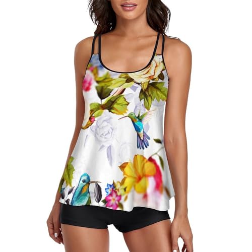 Maillot de bain tankini femme avec short imprimé fleurs oiseaux robe de plage chic