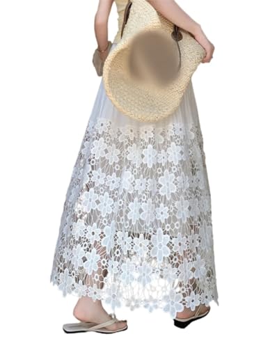 Women Lace Hollow Out Flower High Waist Skirt Summer Beach Vacation Thin See-Through Midi Skirt4