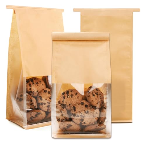 60 Pcs Small Bakery Bags with Window, 3.8x4.7x11.2 Inches Ties Lock Cookie Packaging Bag Resealable Paper Treat Bags for Homemade Breads, Popcorn, Candies,Treats, Snacks, Baked Goods Packaging