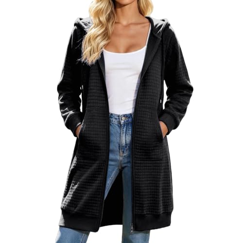 GOSEAGOTOFUN Long Hoodies for Women Waffle Knit Zip Up Hoodie Lightweight Long Sleeve Hooded Sweatshirts Casual Fall Outfits 01-Black Large - image 2