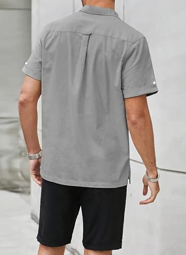 Jmierr Mens Hawaiian Shirts Casual Stylish Cotton Linen Button Up Beach Shirt 2023 Cuban Collar Short Sleeve Resort Shirts For Men With Pockets,Us 40(M),1Gray #TOP1