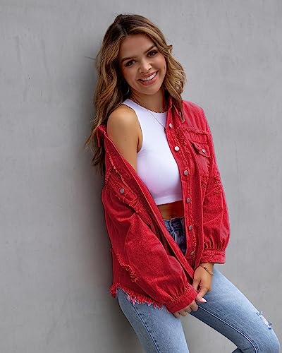 Women's Denim Jacket Casual Ripped Distressed Button Down Long Frayed Hem Boyfriend Jean Shacket Coats 20243