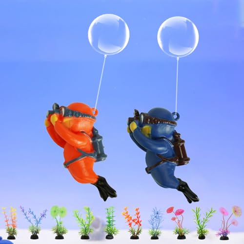 Yoicn Lth Aquarium Deko, 2 Schwimmende Taucher und 10 Künstliche Pflanzen für Aquarium, Süßer Dekoration Aquarien Zubehoer Landschaftszubehör